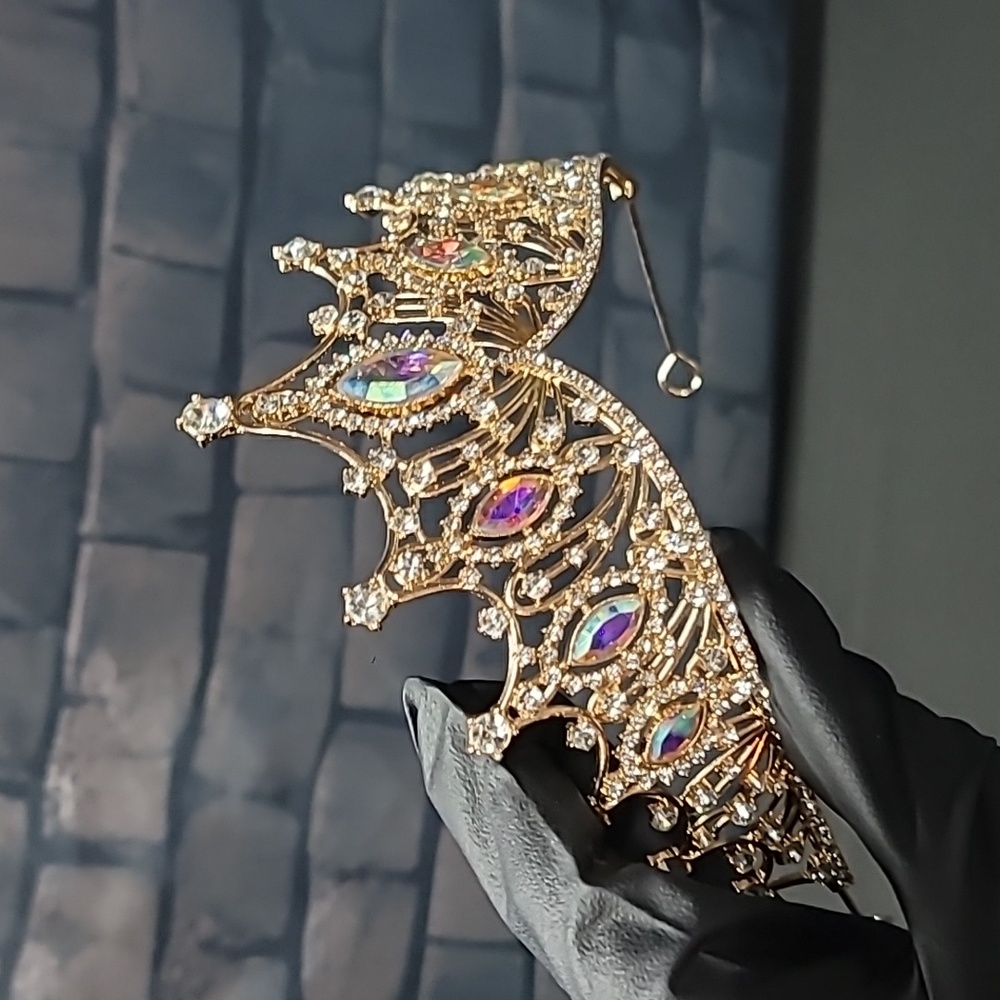 Elegant Metal Gold Tiara with Iridescent Rhinestone Accents